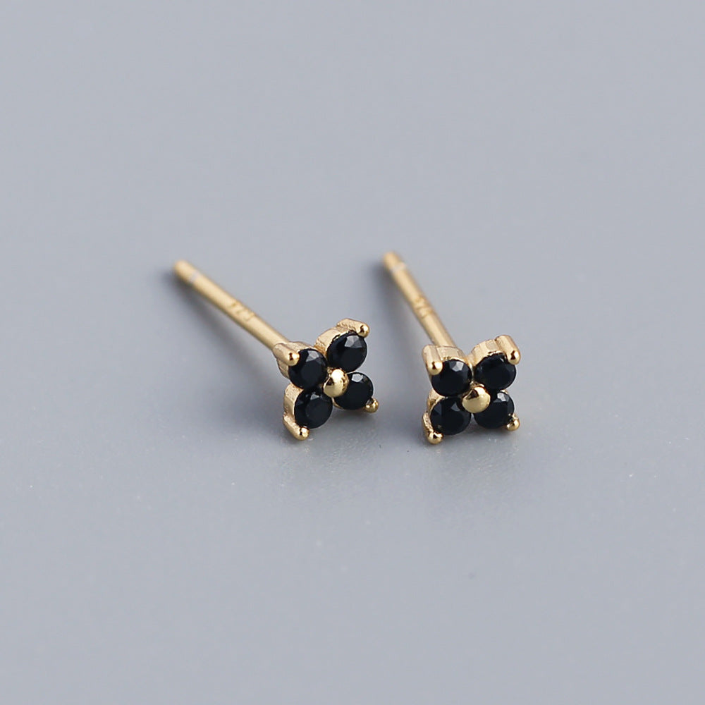 Wholesale Simple Diamond S925 Silver Four-leaf Flower Sweet Small Colorful Flower Earrings